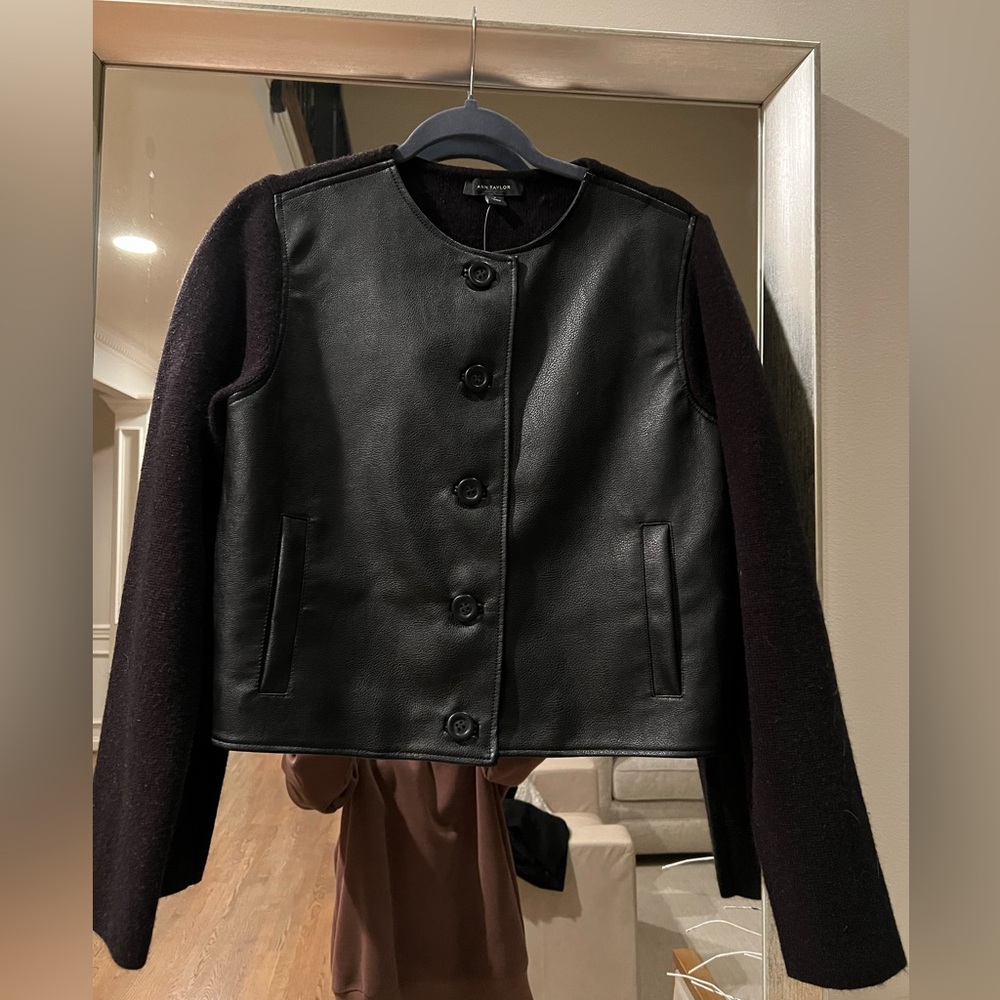 Ann Taylor Black faux Leather Jacket/sweater